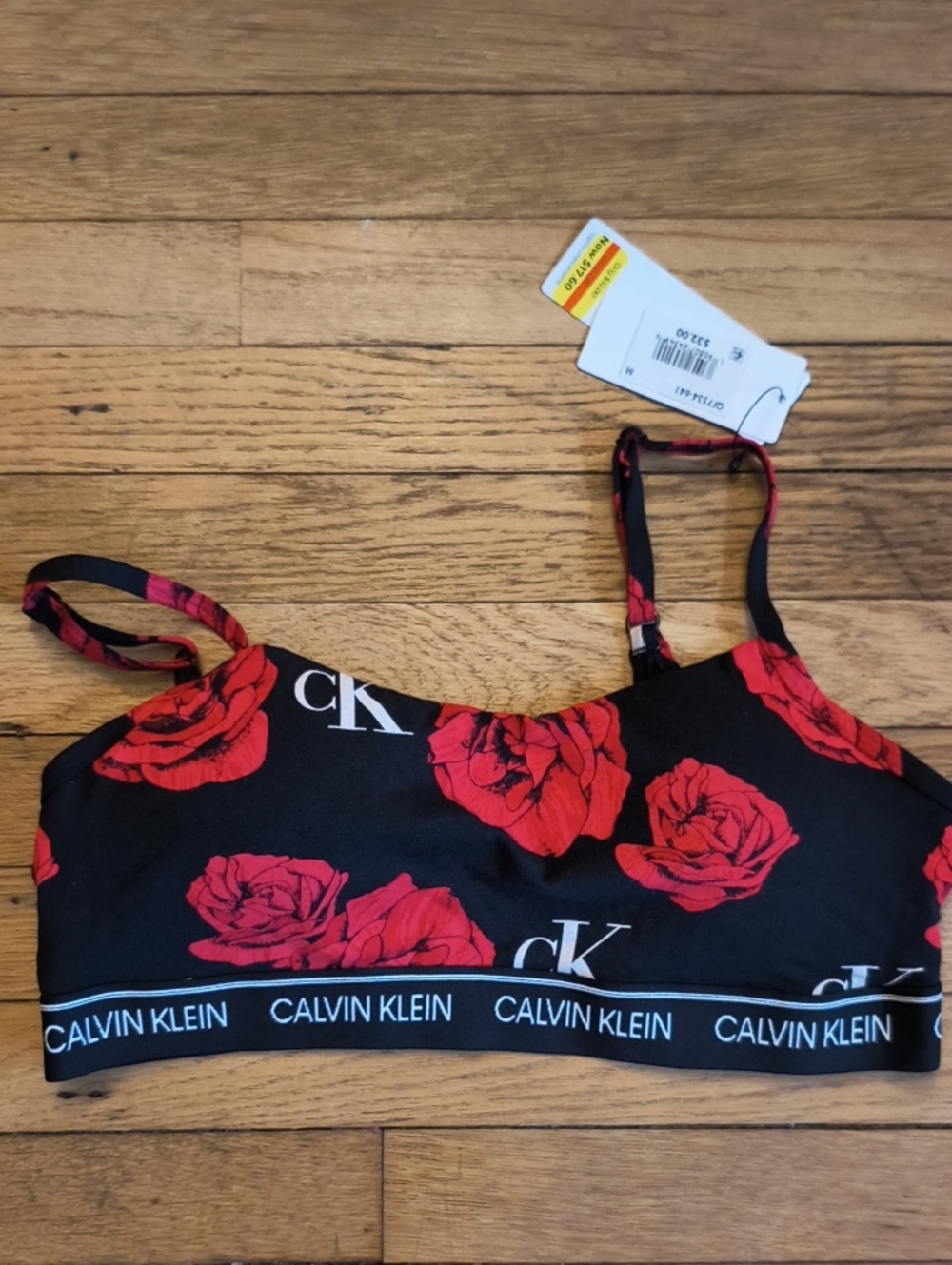 Calvin Klein Black Bralette with Red Rose Print